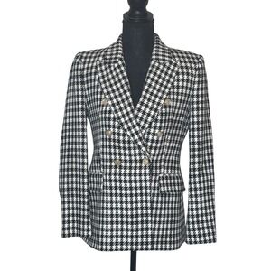 Zara Womens Houndstooth Double Breasted Blazer Gold Button Black White Size S